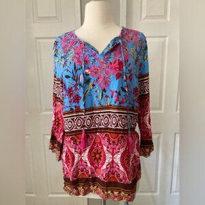 Anthropologie Aziza Embroidered Tassel Floral Blouse 3/4 Sleeve Tunic Top XL